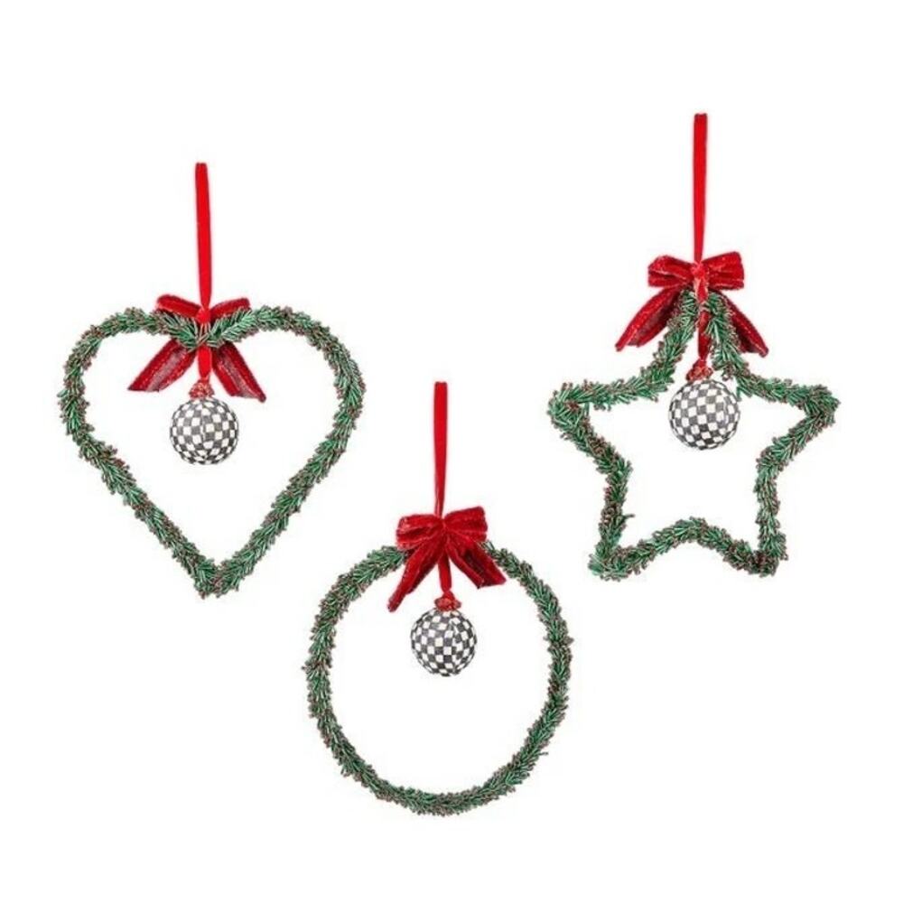 NEW MacKenzie-Childs Holly Beaded Ornaments Set of 3 Large Original Box